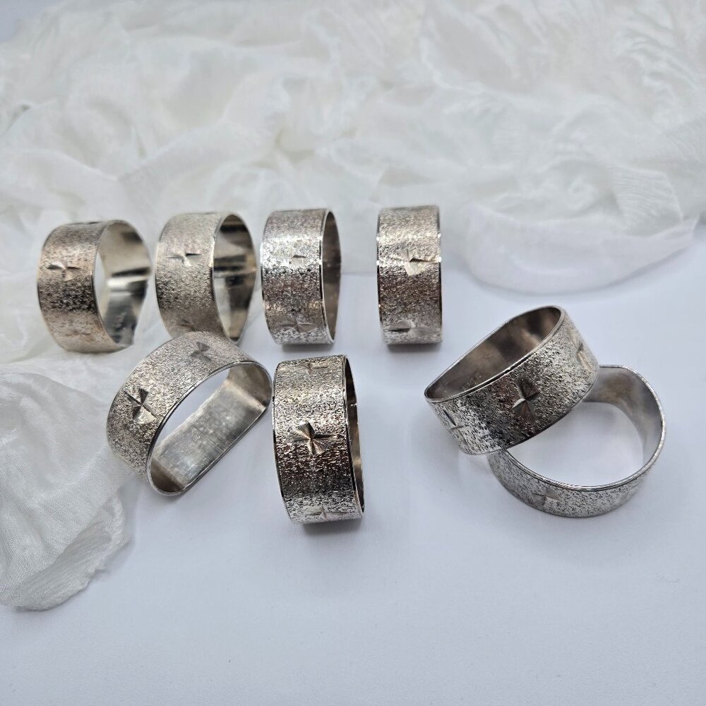 Set of 8 Vintage Silver Tone Brass Atomic Engraved Napkin Rings H of S EP Brass